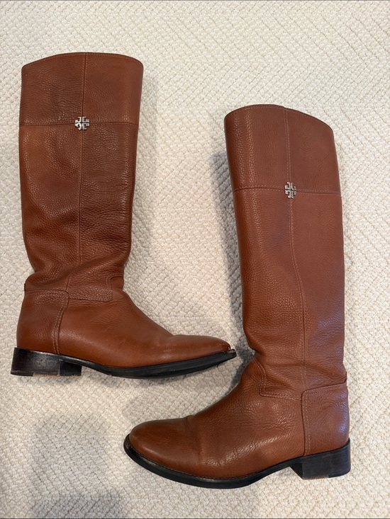 Tory Burch Shoes - Tory Burch Brown Leather Riding Boots with Silver Logo